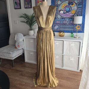 ASOS RED CARPET Liquid Gold Pleated Floor Length Plunge Dress Gown 1930s Glamour
